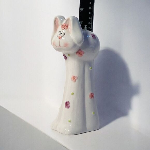 Ceramic Bunny Rabbit Coin Piggy Bank White And Pink 8" Tall - Picture 3 of 4